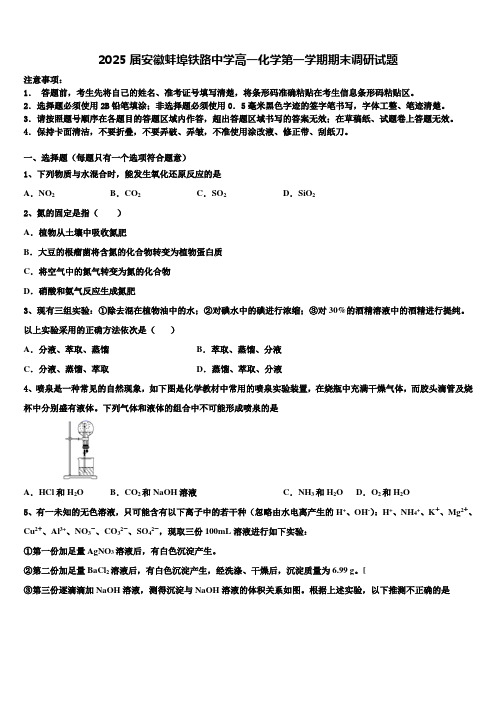 2025届安徽蚌埠铁路中学高一化学第一学期期末调研试题含解析