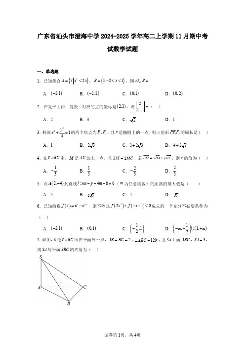 广东省汕头市澄海中学2024-2025学年高二上学期11月期中考试数学试题