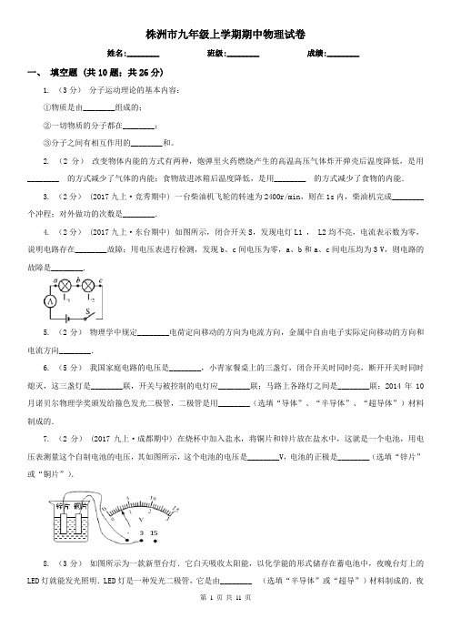 株洲市九年级上学期期中物理试卷