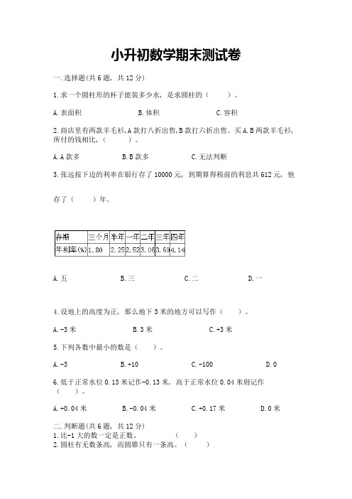 小升初数学期末测试卷附参考答案(满分必刷)