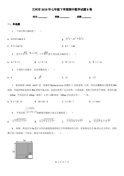 兰州市2019年七年级下学期期中数学试题B卷