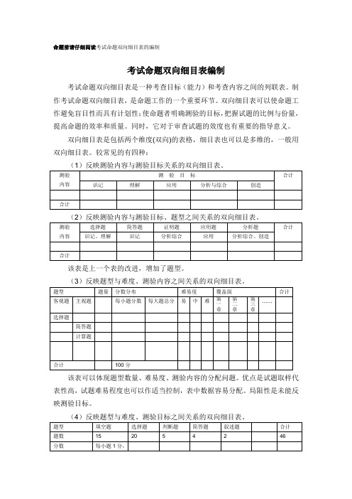 考试命题双向细目表