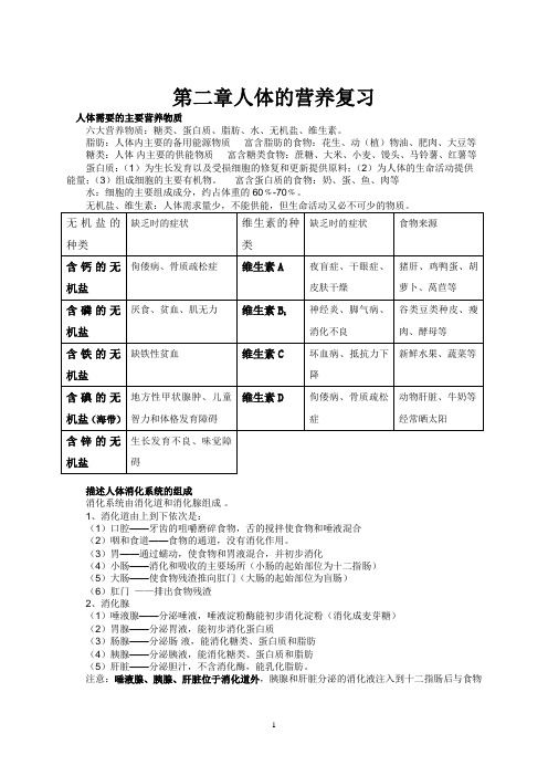 人体的营养知识点习题复习