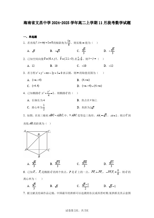 海南省文昌中学2024-2025学年高二上学期11月段考数学试题
