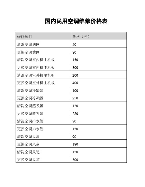 国内民用空调维修价格表