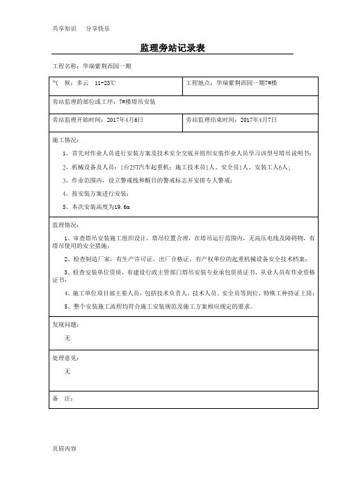 塔吊安装旁站记录表