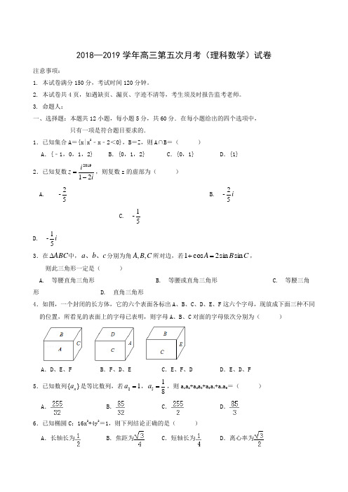 西藏拉萨北京实验中学2019届高三第五次月考数学(理)试题