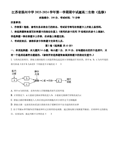 2024学年江苏省扬州中学高二上学期期中考生物试题及答案