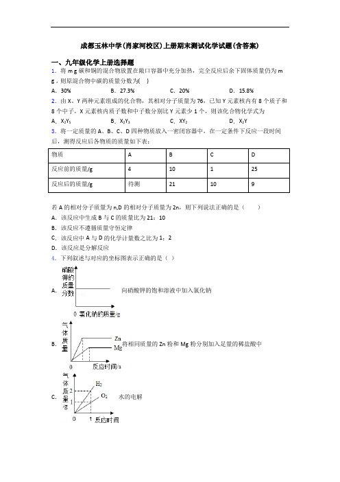 成都玉林中学(肖家河校区)初三化学上册期末测试化学试题(含答案)