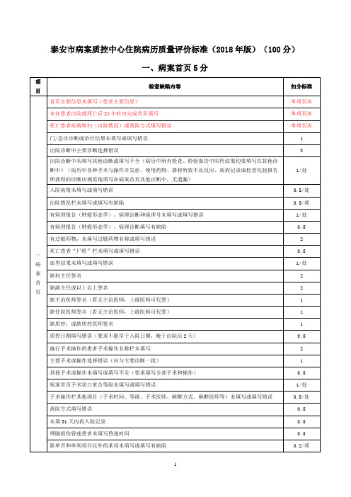 住院病历质量评价标准2018版