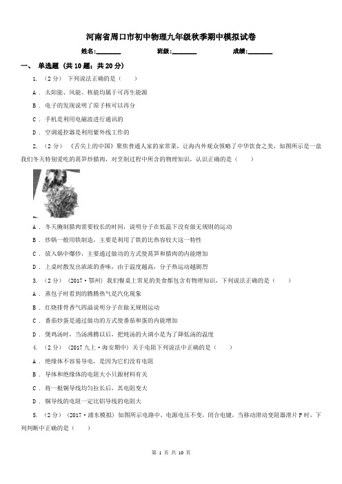 河南省周口市初中物理九年级秋季期中模拟试卷