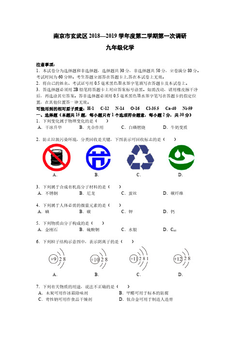 【试卷+答案+解析】【初三化学】2019玄武一模