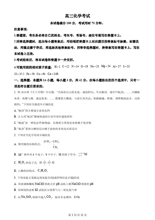 2024届湖南省衡阳市金太阳高三上学期期中考试化学试题及答案