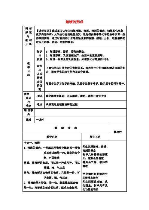 九年级化学下册第9单元课题1溶液的形成复习教案新人教版