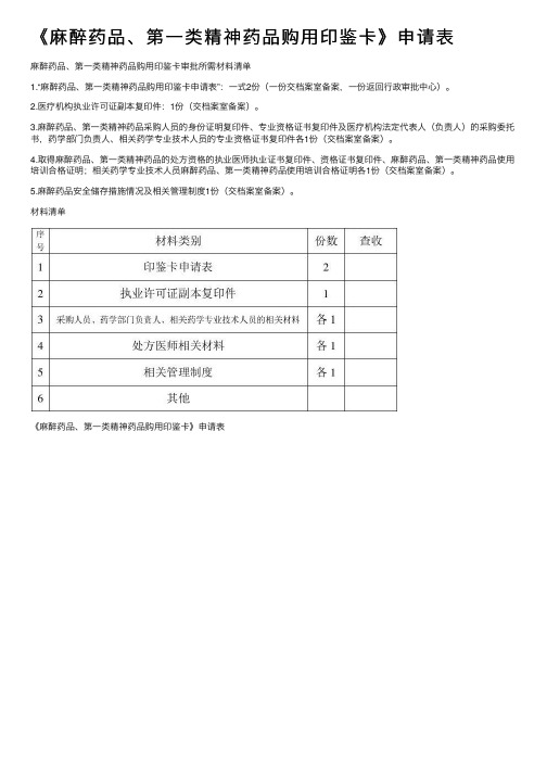 《麻醉药品、第一类精神药品购用印鉴卡》申请表