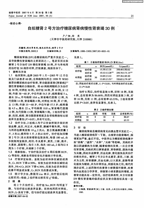 自拟糖肾2号方治疗糖尿病肾病慢性肾衰竭30例