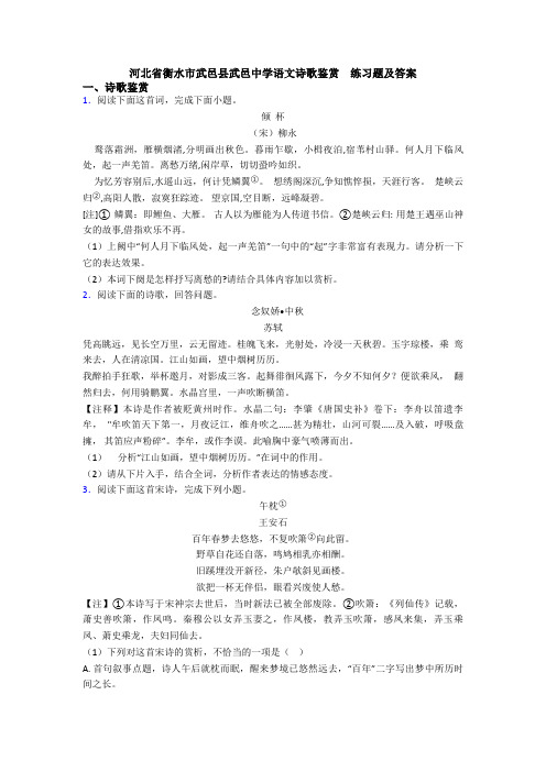 河北省衡水市武邑县武邑中学语文诗歌鉴赏  练习题及答案