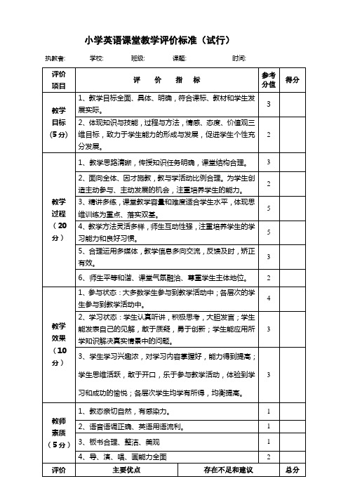 小学英语课堂教学评价标准