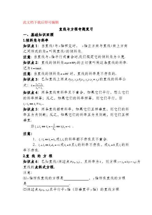 (精品)直线与方程经典复习讲义(完整资料).doc