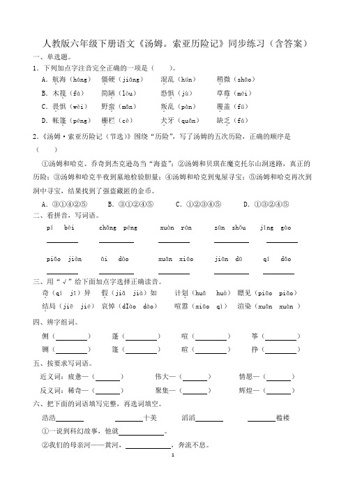 人教版六年级下册语文《汤姆。索亚历险记》同步练习(含答案)