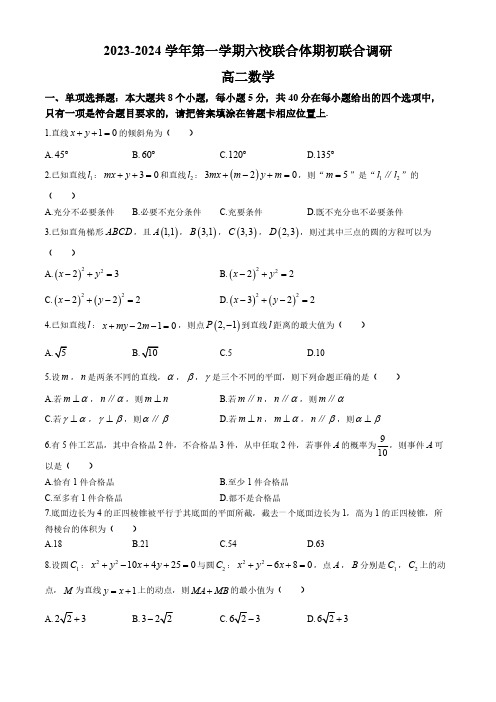 江苏省南京市六校联合体2023-2024学年高二上学期期初联合调研数学试题(含解析)