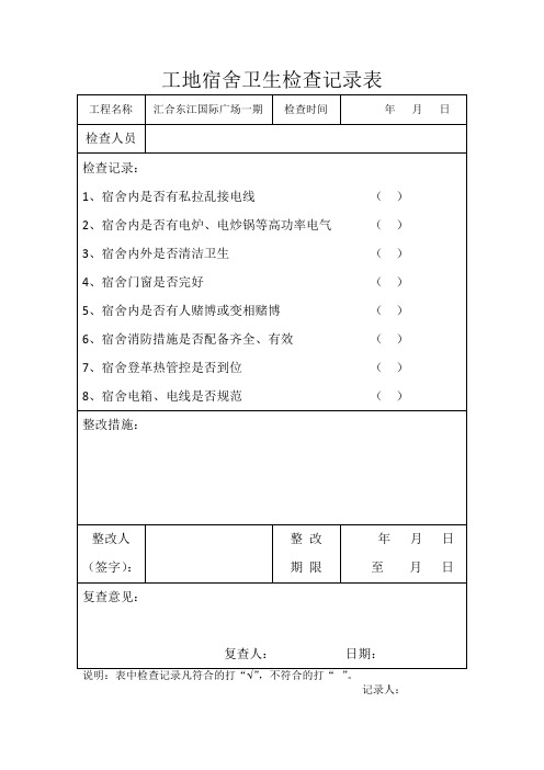 工地宿舍卫生检查记录表