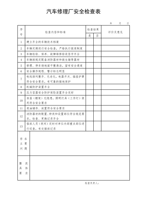 汽车修理厂安全检查表