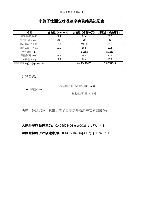 植物生理学 小篮子法测定呼吸速率实验结果记录表 print