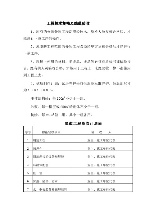 某住宅楼工程技术复核及隐蔽验收计划表