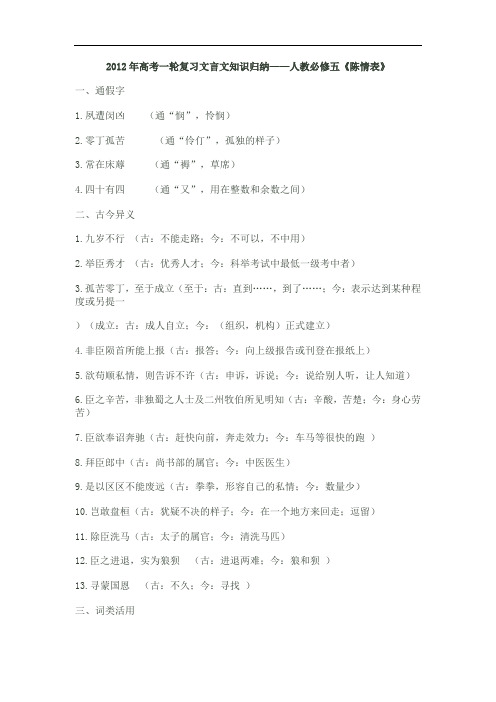 2012年高考一轮复习文言文知识归纳——人教必修五《陈情表