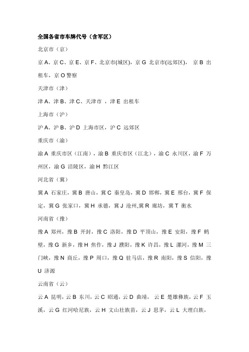 全国各省市车牌代号