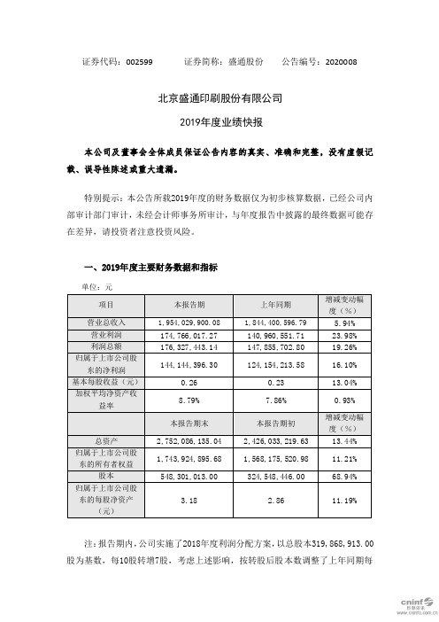 盛通股份：2019年度业绩快报