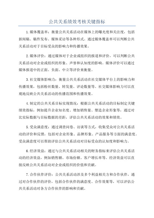 公共关系绩效考核关键指标