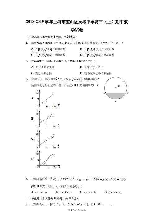 2018-2019学年上海市宝山区吴淞中学高三(上)期中数学试卷(附答案详解)