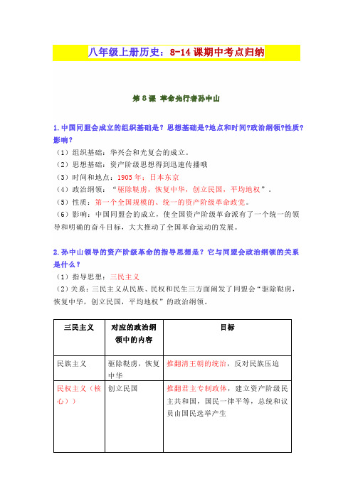 八年级上册历史8-14课期中考点归纳