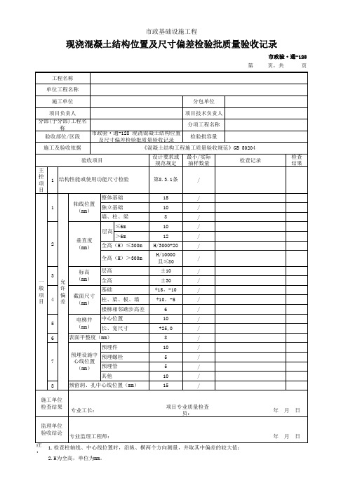 现浇混凝土结构位置及尺寸偏差检验批质量验收记录