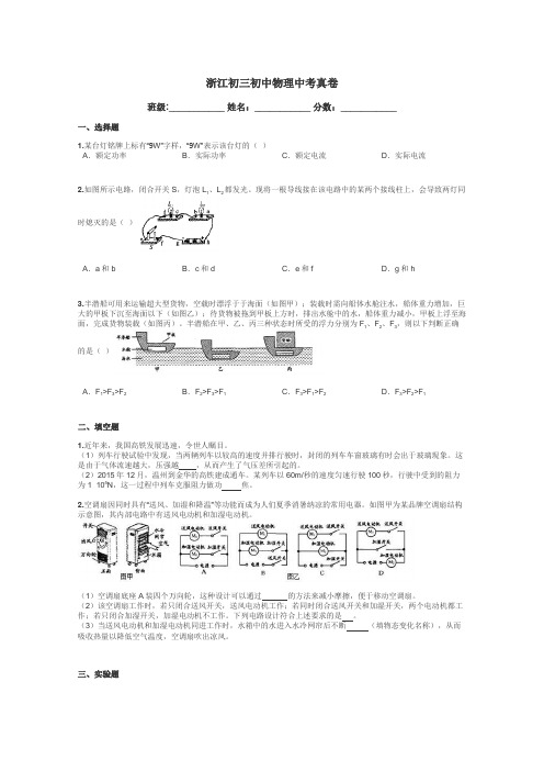 浙江初三初中物理中考真卷带答案解析
