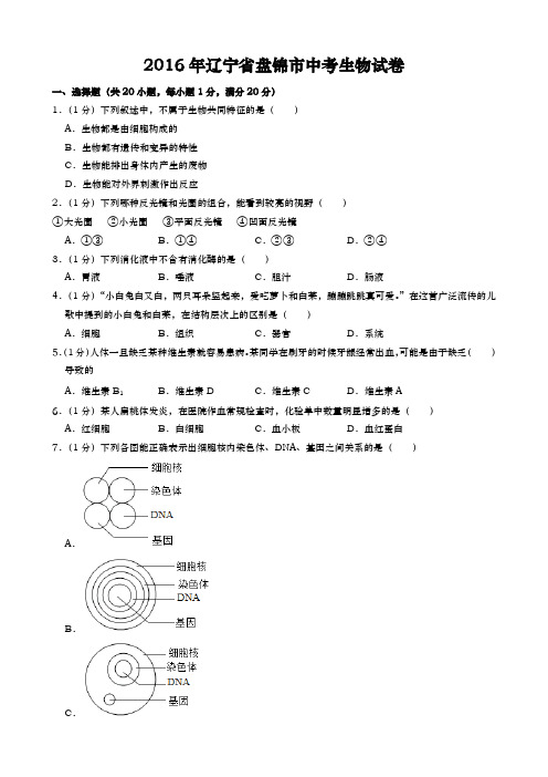 辽宁盘锦中考生物2016年试题精品word版答案解析精编