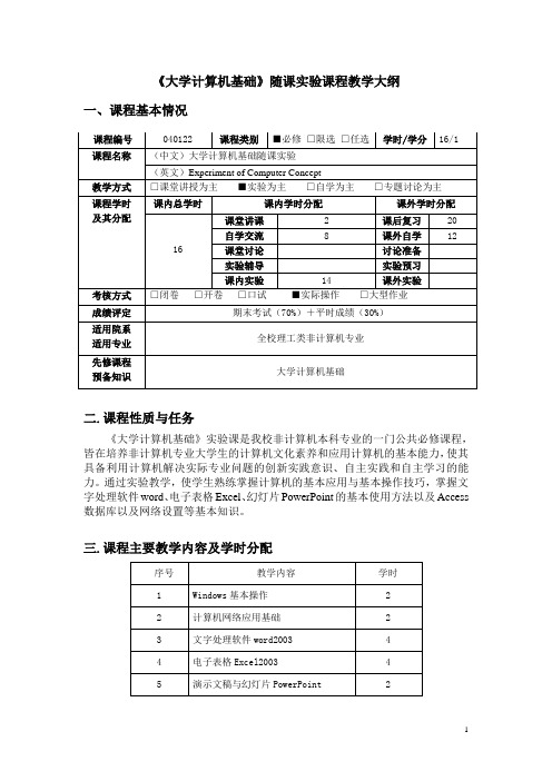 《大学计算机基础》随课实验课程教学大纲(重庆邮电)