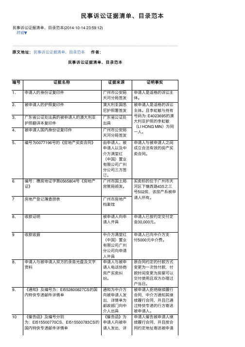 民事诉讼证据清单、目录范本