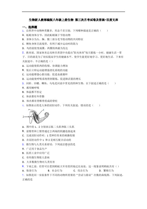 生物新人教部编版八年级上册生物 第三次月考试卷及答案-百度文库