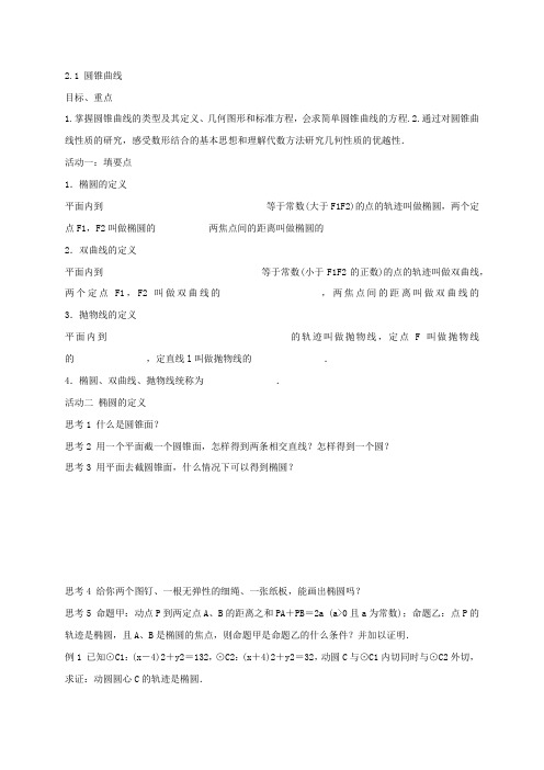 江苏省沛县中学苏教版高中数学选修1-1导学案2.1 圆锥曲线(无答案)