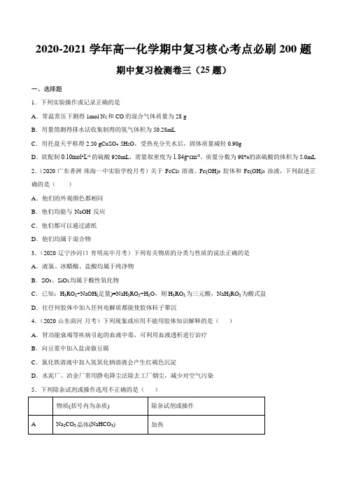 人教版高中化学必修一高一上学期期中复习核心考点必刷200题(原卷版)