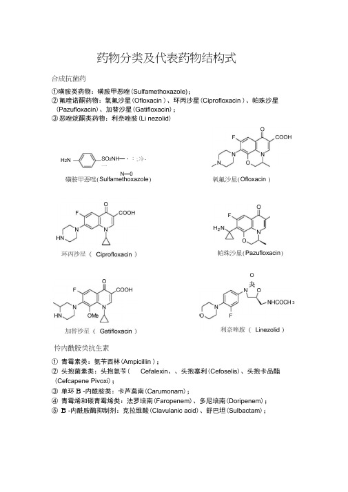 药物分类及代表药物结构式.