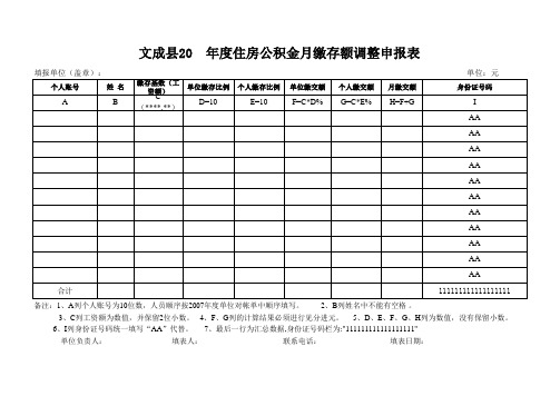 文成县年度住房公积金月缴存额调整申报表