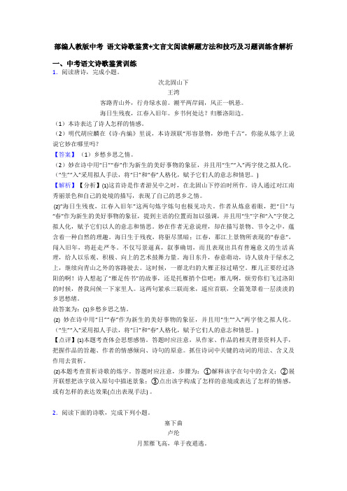 部编人教版中考 语文诗歌鉴赏+文言文阅读解题方法和技巧及习题训练含解析