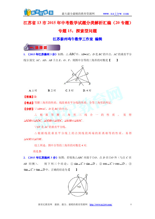 江苏省13市2015年中考数学试题分类解析汇编(20专题)专题15：探索型问题