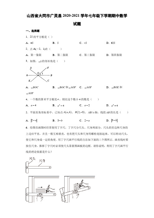 2020-2021学年山西省大同市广灵县七年级(下)期中数学试题(解析版)