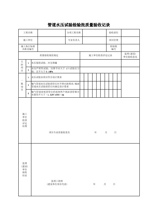 管道水压试验检验批质量验收记录