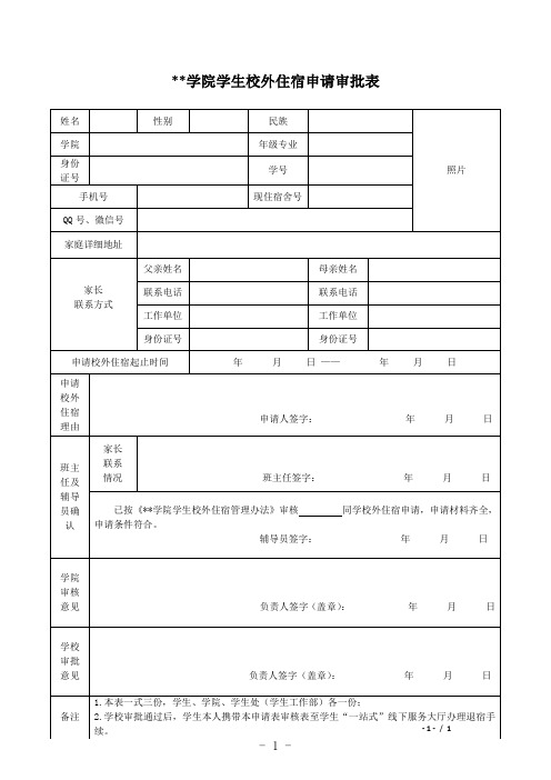 学院学生校外住宿申请审批表